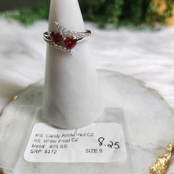 NWT Ryze Candy Apple Red CZ .925 Sterling Silver Double Heart Ring - Size 8.25 - Picture 6 of 8